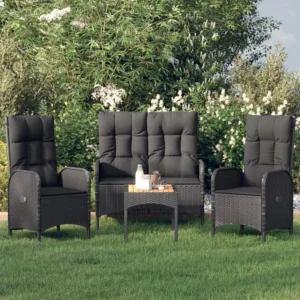 4 peças conjunto de jardim para jardim com almofadões vime PE preto Clicnbuy