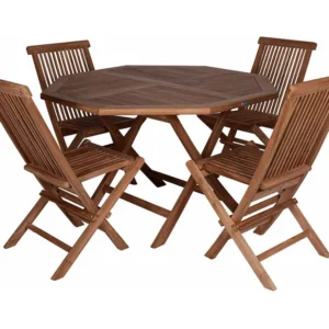 Conjunto de mesa e 4 cadeiras em madeira teca com mesa octogonal Dmora