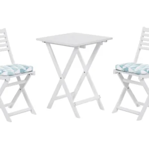 Acacia Wood Garden Bistro Set Safira Triangles Cushions White FIJI