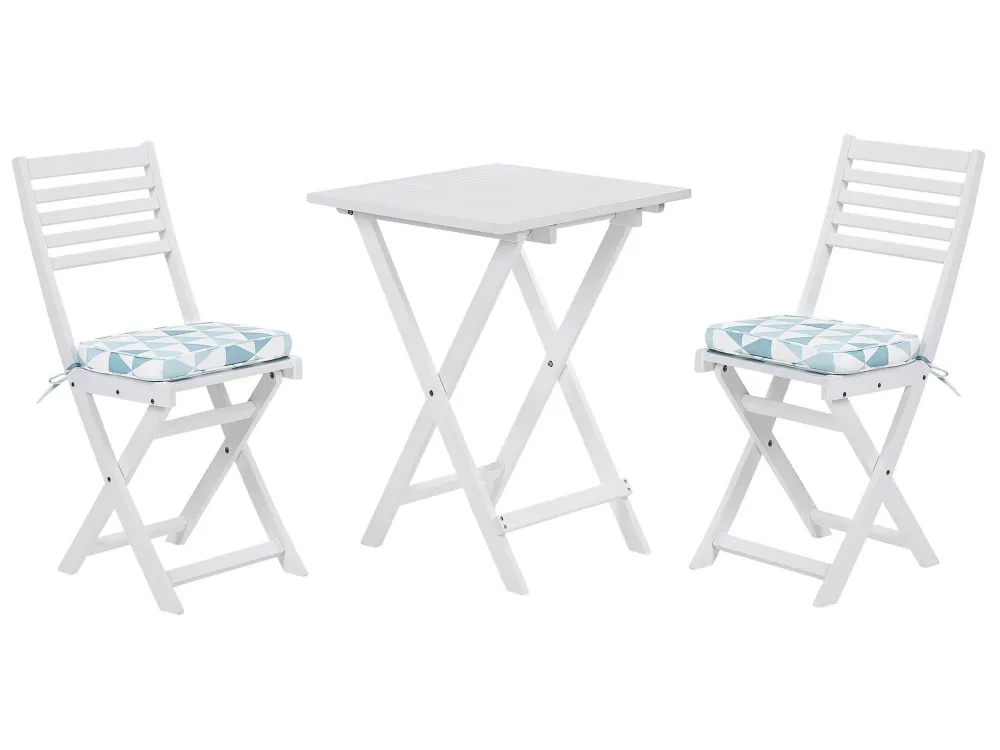 Acacia Wood Garden Bistro Set Safira Triangles Cushions White FIJI