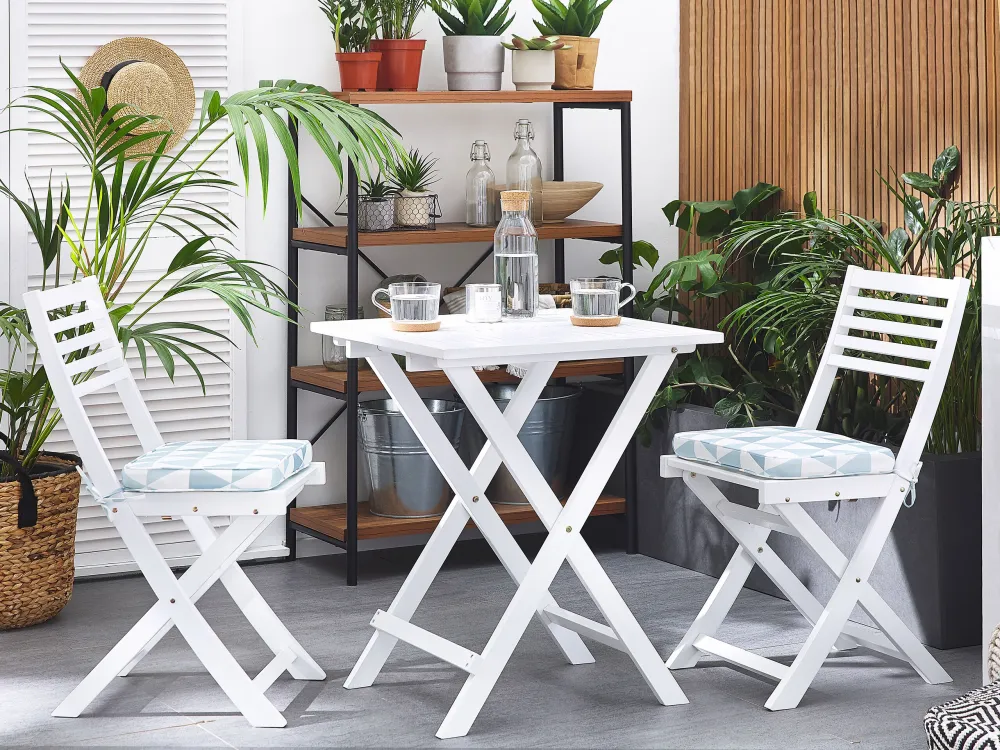 Acacia Wood Garden Bistro Set Safira Triangles Cushions White FIJI