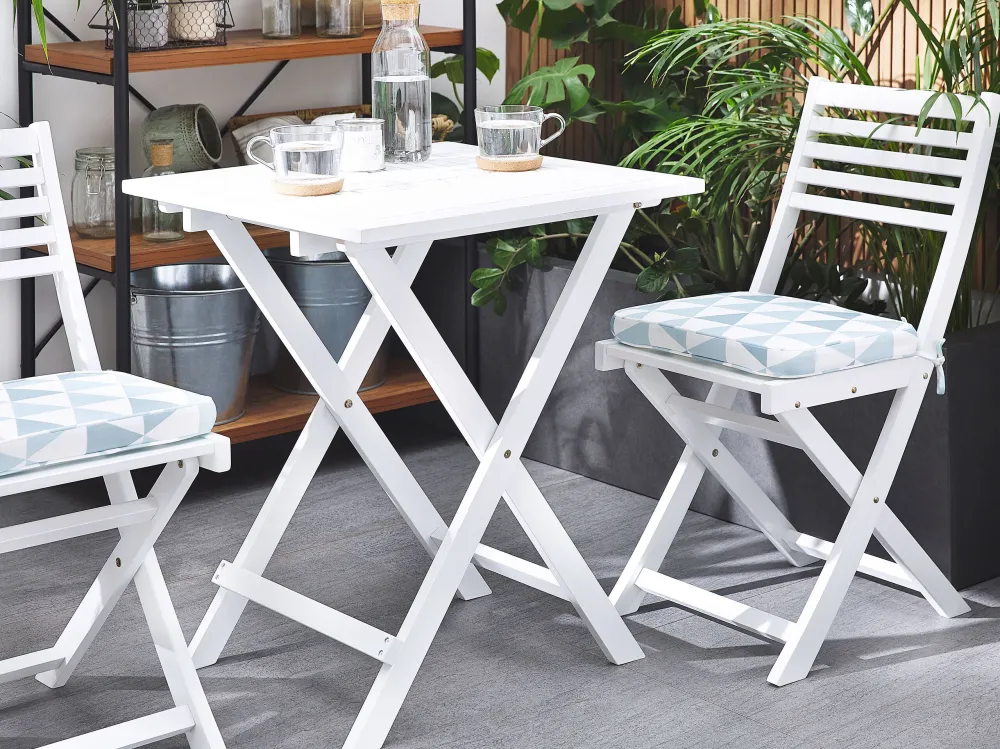 Acacia Wood Garden Bistro Set Safira Triangles Cushions White FIJI