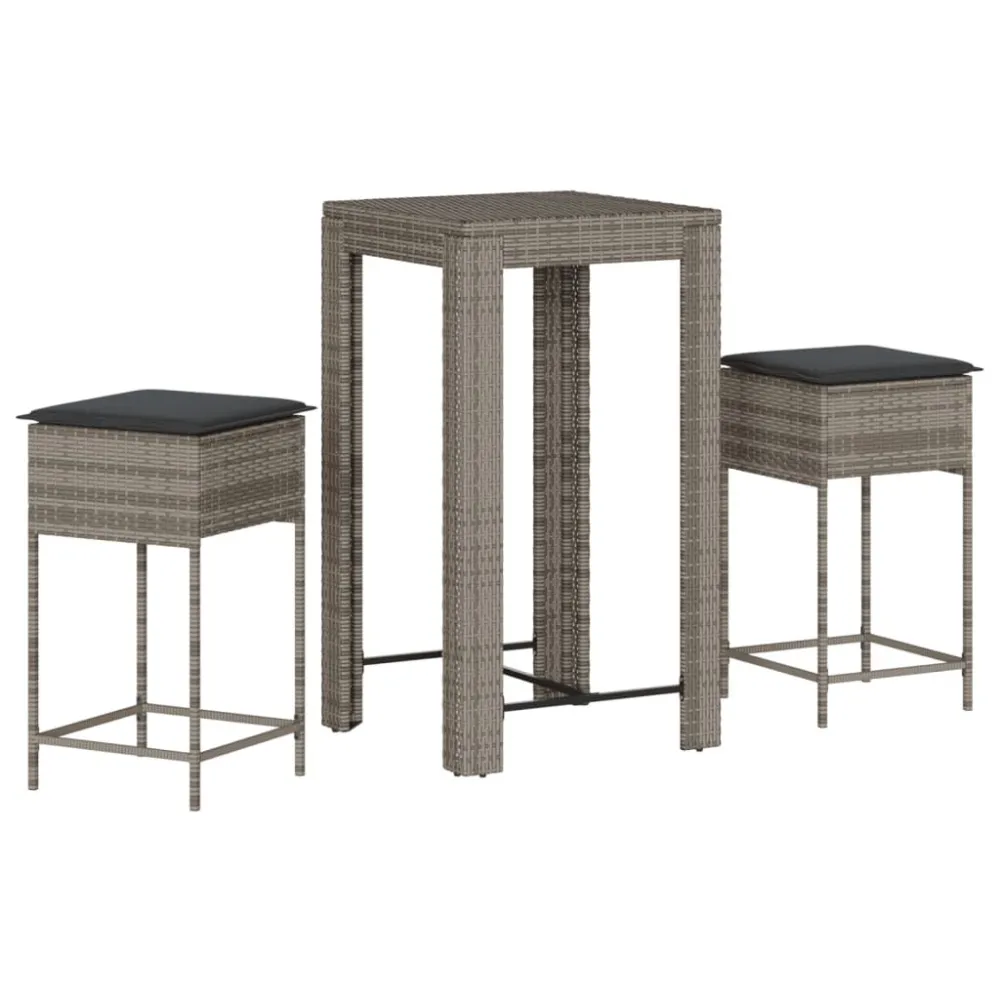 Conjunto de Jantar para 3 pcs conjunto de bar para jardim com almofadões vime PE cinzento