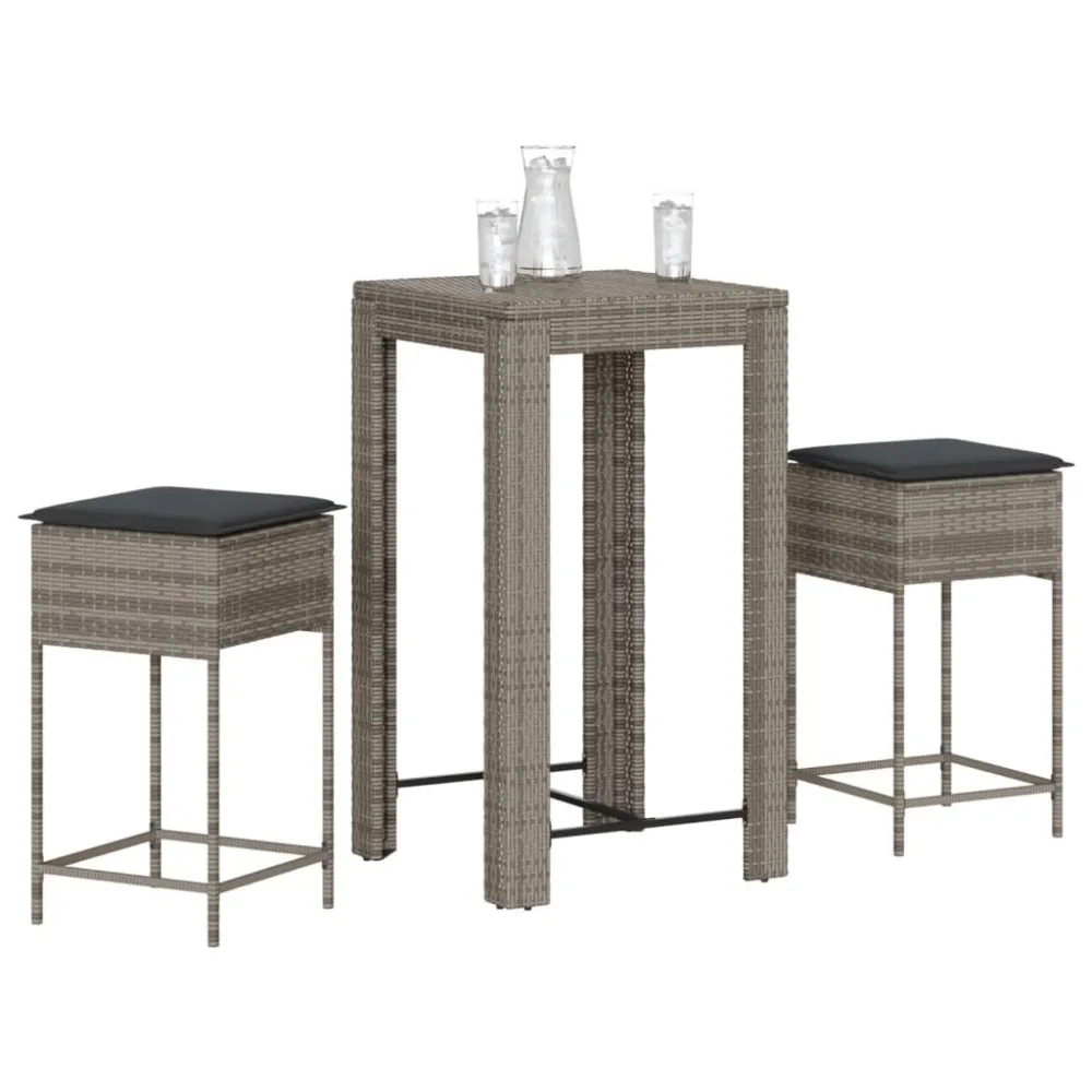 Conjunto de Jantar para 3 pcs conjunto de bar para jardim com almofadões vime PE cinzento