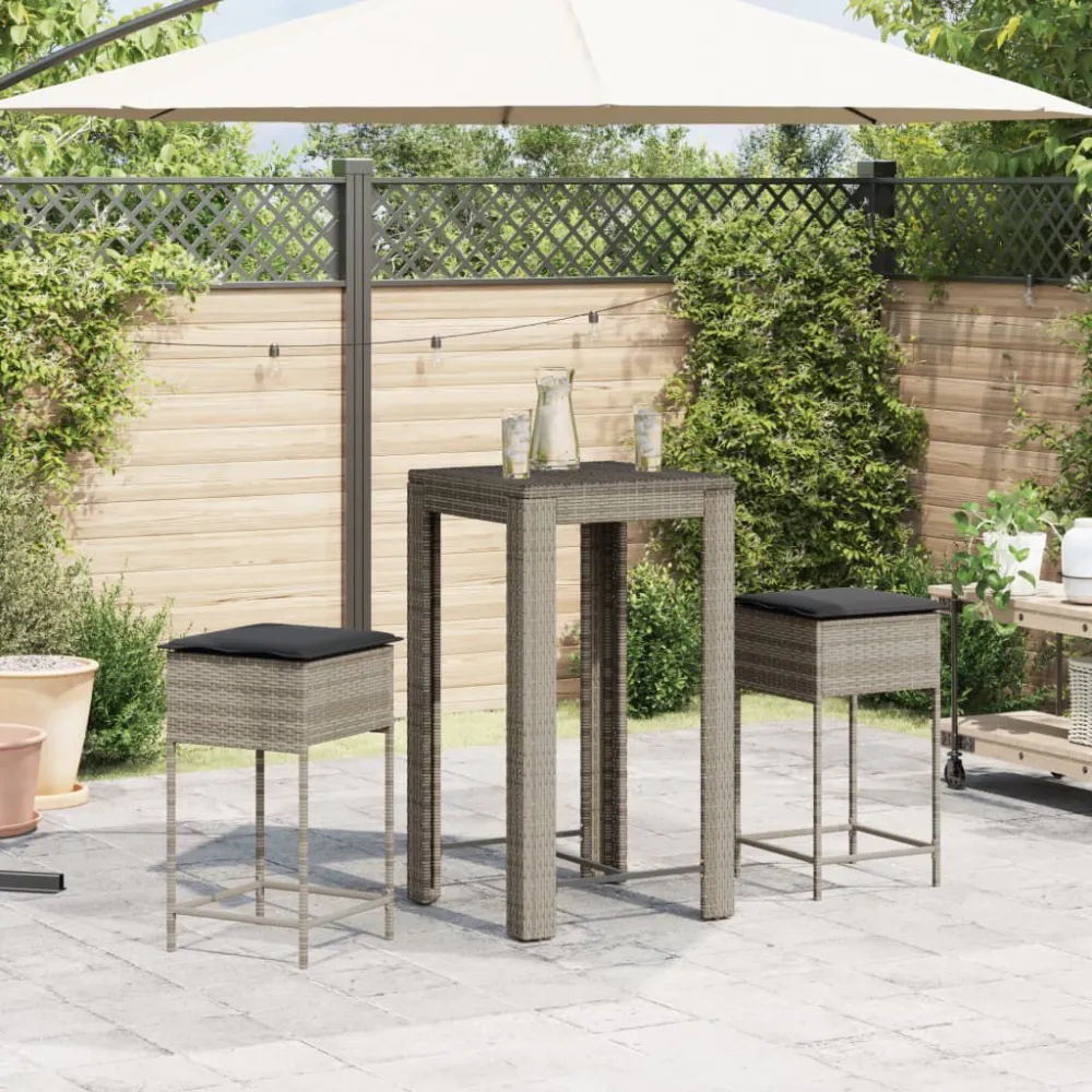 Conjunto de Jantar para 3 pcs conjunto de bar para jardim com almofadões vime PE cinzento