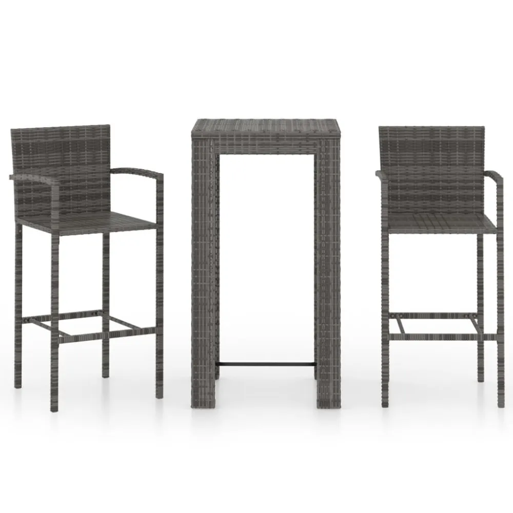 Conjunto de Rattan Sintético 3 pcs conj, de bar exterior com apoio de braços vime PE cinzento