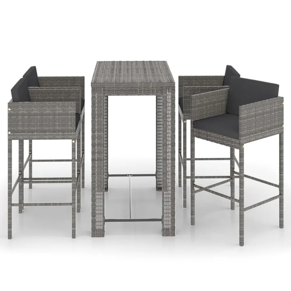 Conjunto de Rattan Sintético 5 pcs conjunto de bar para jardim com almofadões vime PE cinzento