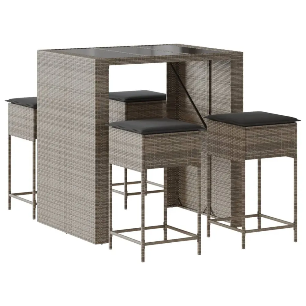 Conjunto de Rattan Sintético 5 pcs conjunto de bar para jardim com almofadões vime PE cinzento