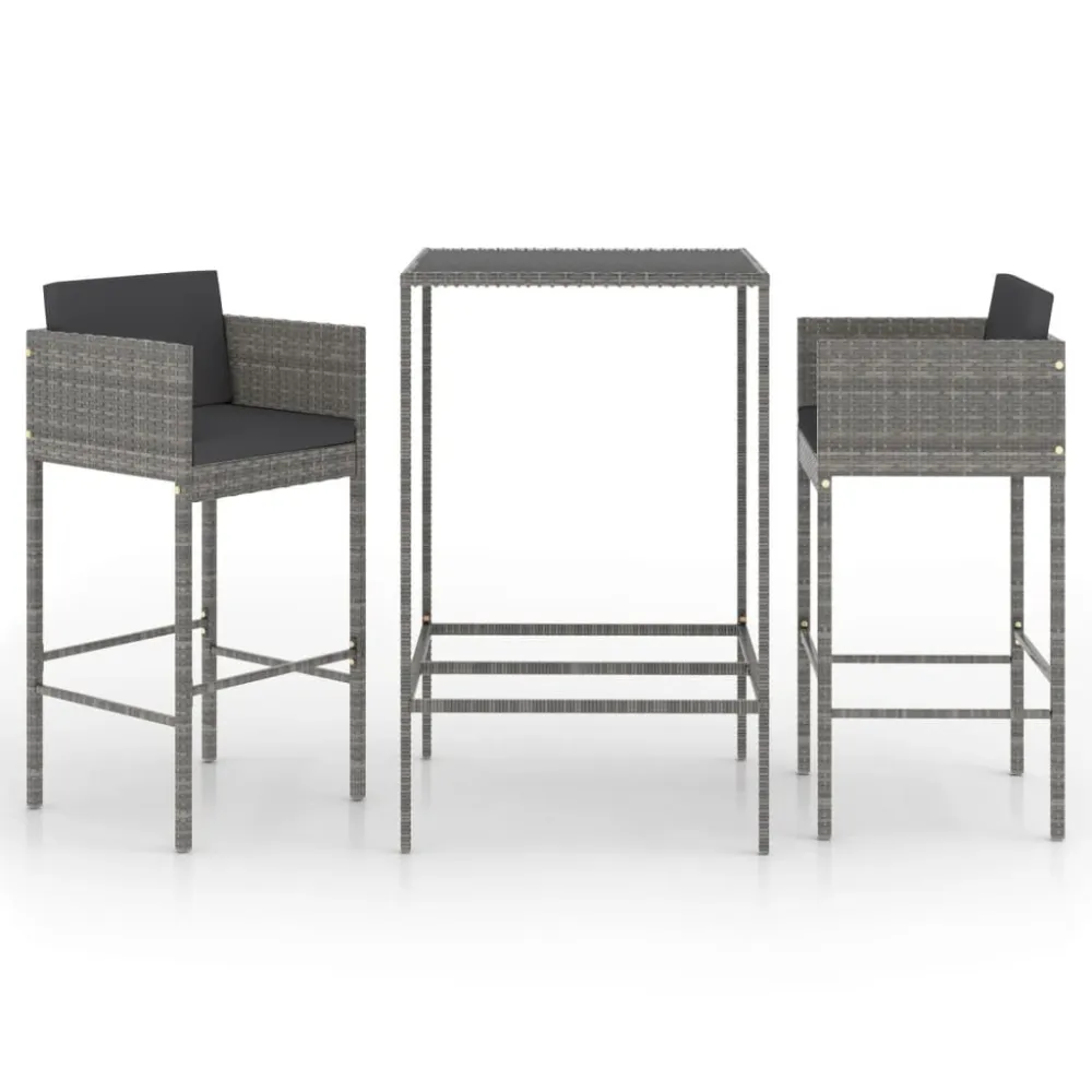 Conjunto de Rattan Sintético 3 pcs conjunto de bar para jardim com almofadões vime PE cinzento