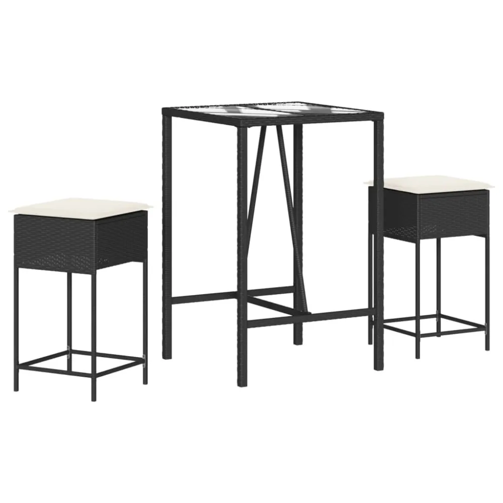 Conjunto de Relaxamento 3 pcs conjunto de bar para jardim com almofadões vime PE preto