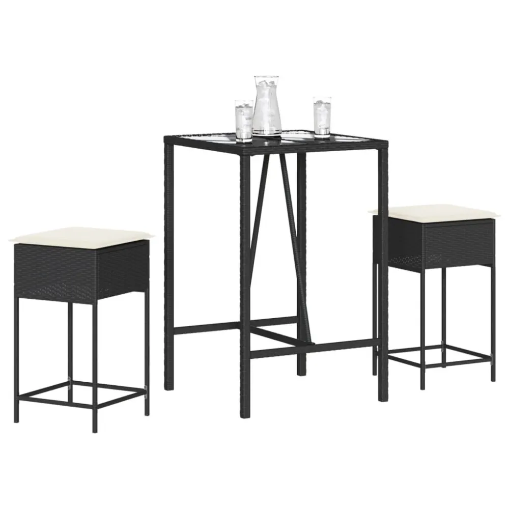 Conjunto de Relaxamento 3 pcs conjunto de bar para jardim com almofadões vime PE preto