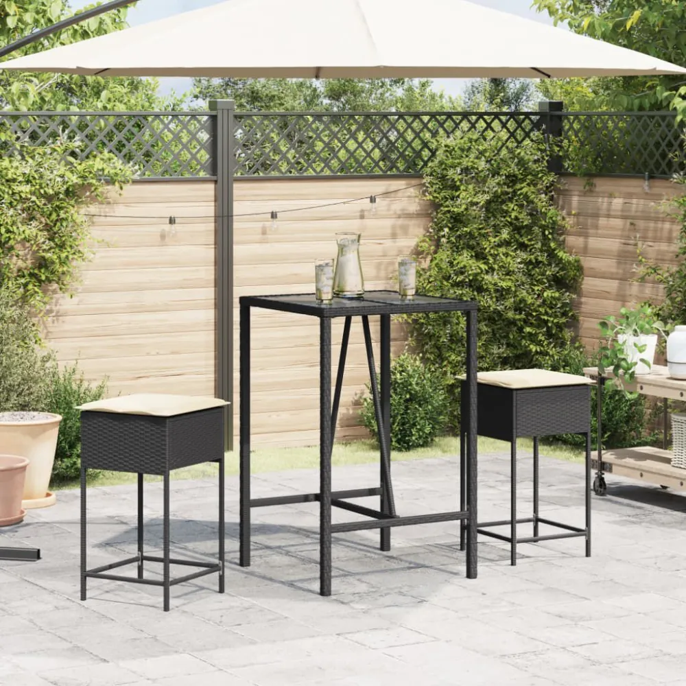 Conjunto de Relaxamento 3 pcs conjunto de bar para jardim com almofadões vime PE preto