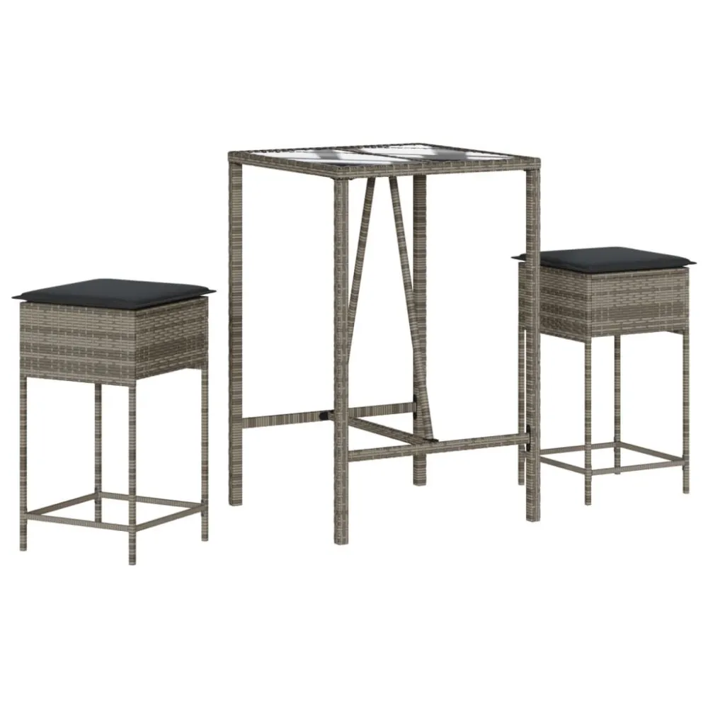 3 pcs conjunto de bar para jardim com almofadões vime PE cinzento Kit Completo com Almofadas