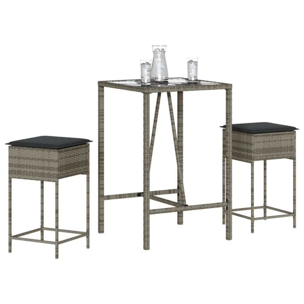 3 pcs conjunto de bar para jardim com almofadões vime PE cinzento Kit Completo com Almofadas