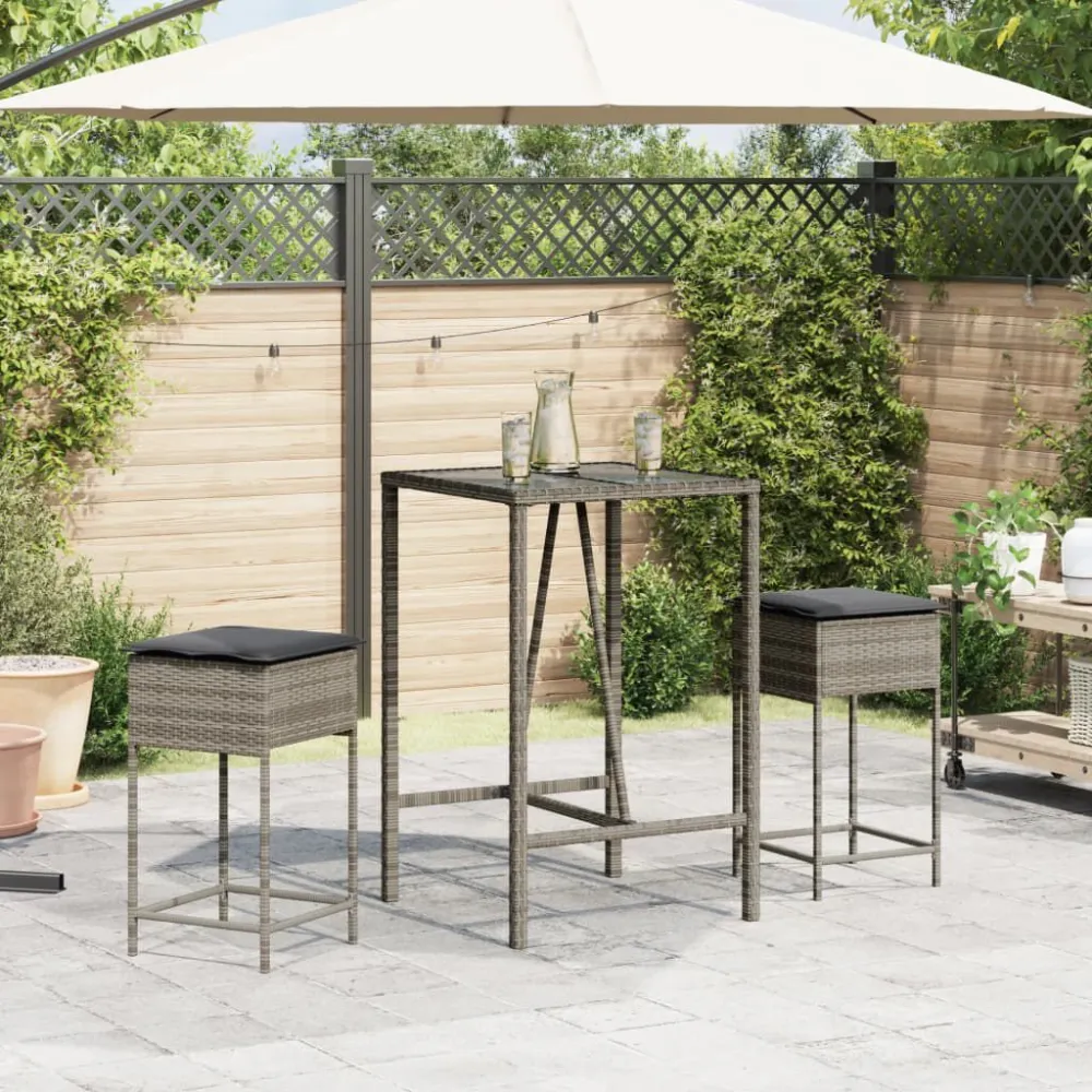 3 pcs conjunto de bar para jardim com almofadões vime PE cinzento Kit Completo com Almofadas