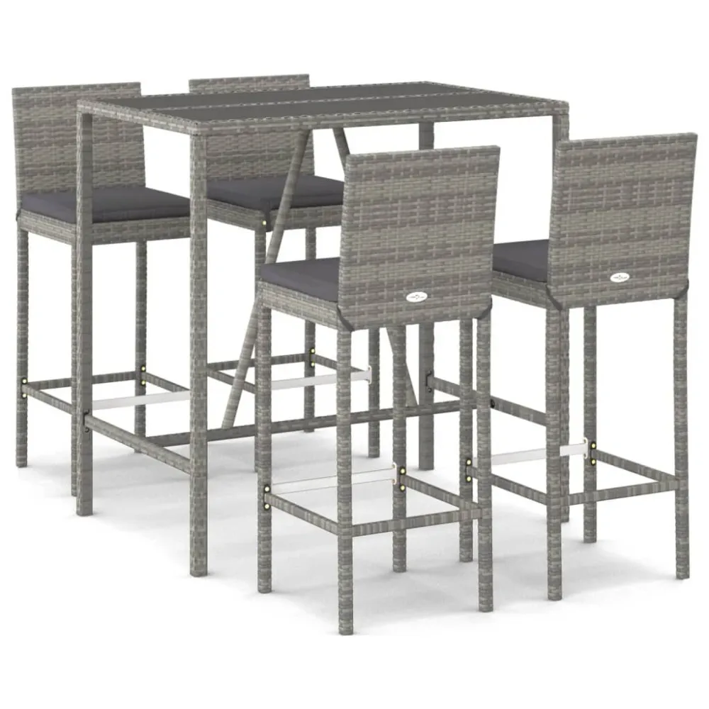 5 pcs conjunto de bar para jardim com almofadões vime PE cinzento Kit Completo com Almofadas