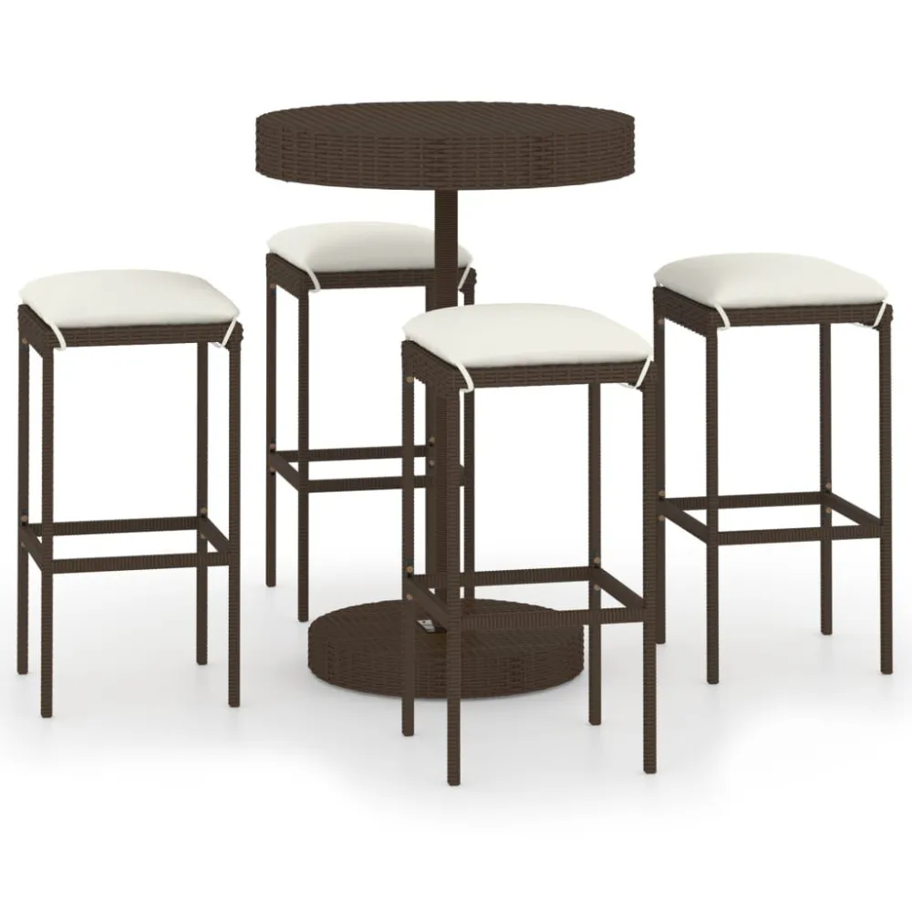 5 pcs conjunto de bar para jardim com almofadões vime PE castanho com Mesa e 6 Cadeiras