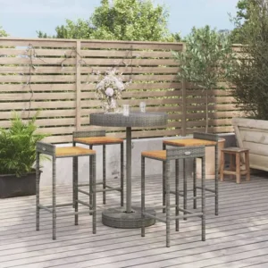 5 peças conjunto de bar para jardim vime PE/acácia maciç cinzento com Almofadas Incluídas