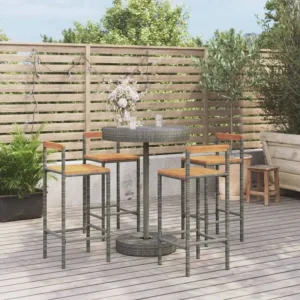 5 peças conjunto de bar para jardim vime PE/acácia maciç cinzento em Tecido Outdoor
