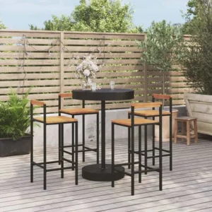 5 peças conjunto de bar para jardim vime PE/acácia maciç preto | ço Inoxidável