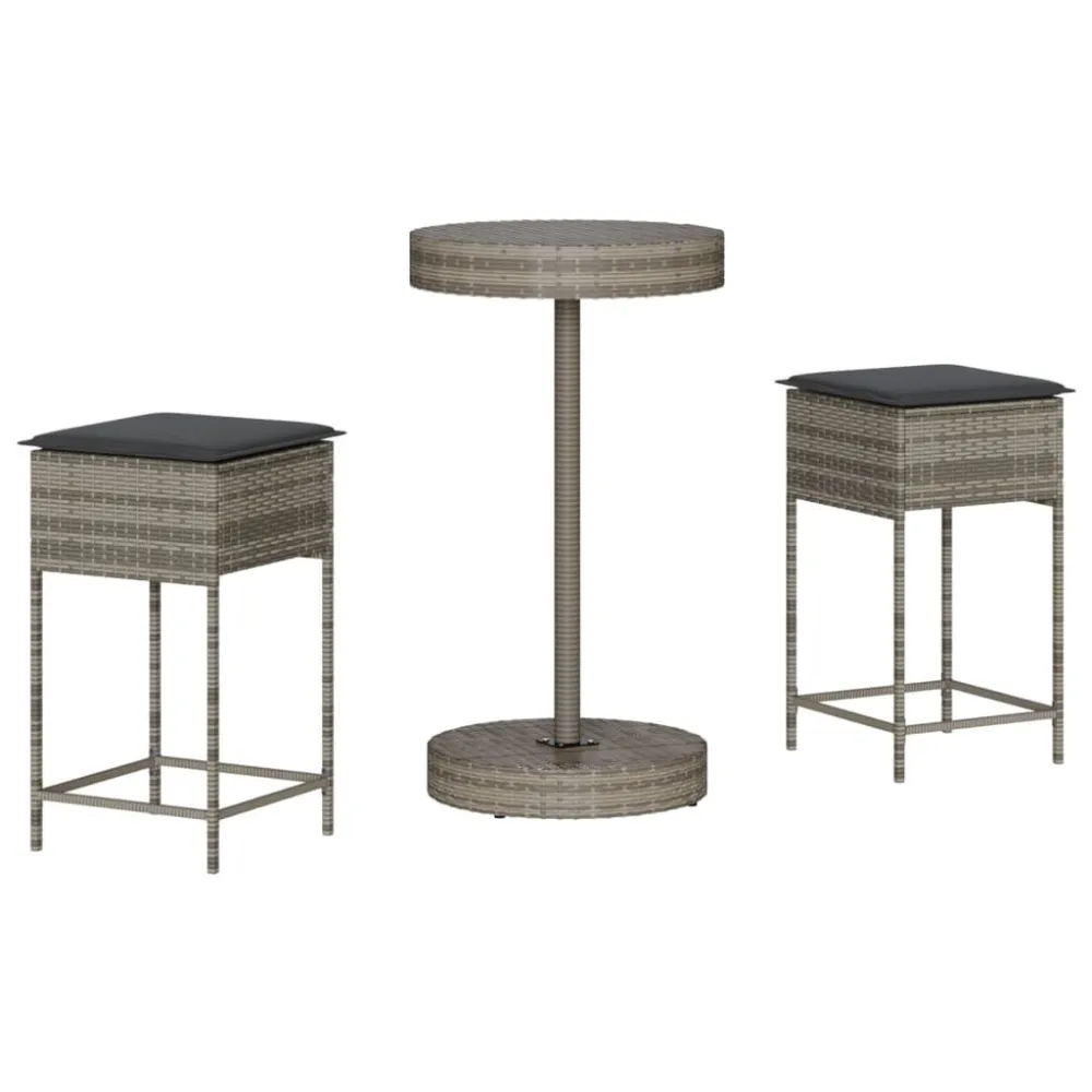 Resistente à Intempérie 3 pcs conjunto de bar para jardim com almofadões vime PE cinzento