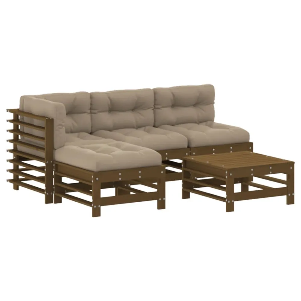 5pcs conj. lounge jardim+almofadões madeira maciç castanho-mel com Guarda-sol Incluso