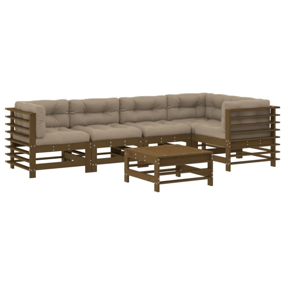 6pcs conj. lounge jardim+almofadões madeira maciç castanho-mel para Varandas e Terraços