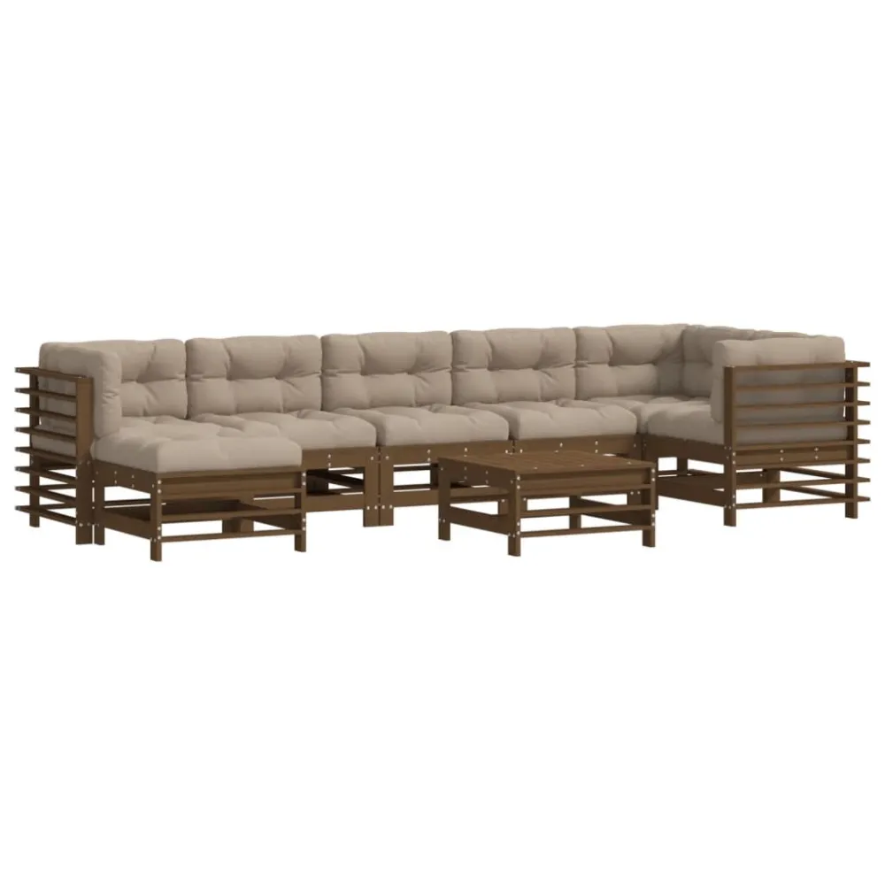 8pcs conj. lounge jardim+almofadões madeira maciç castanho-mel com Mesa e 6 Cadeiras