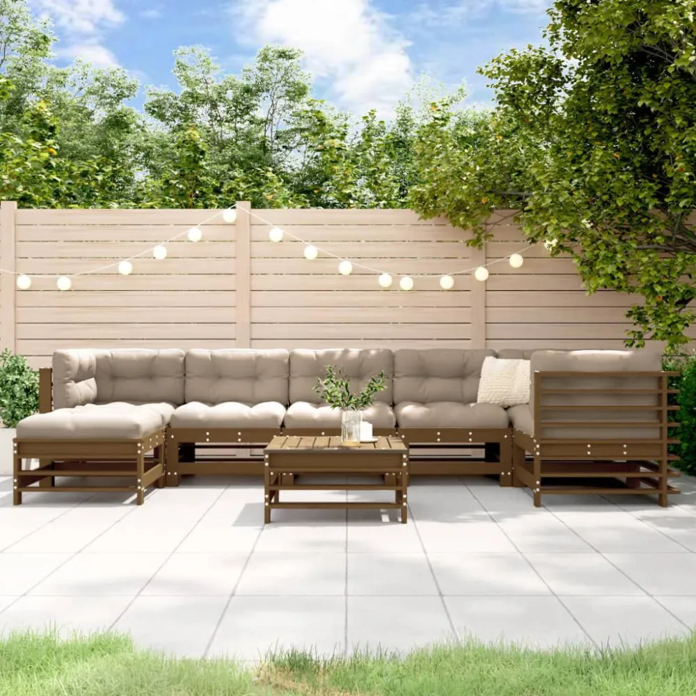 8pcs conj. lounge jardim+almofadões madeira maciç castanho-mel com Mesa e 6 Cadeiras