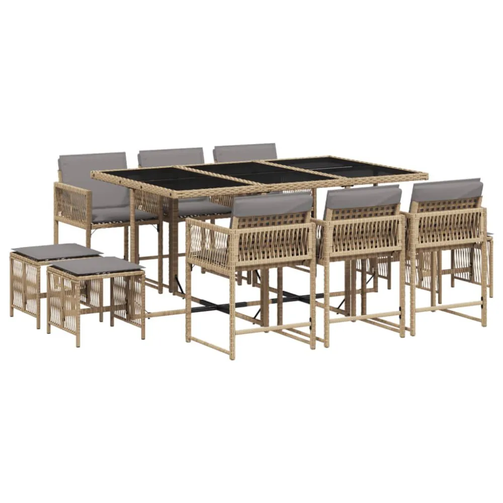 Conjunto Completo para 11 pcs conj. jantar jardim com almofadões vime PE bege misturado