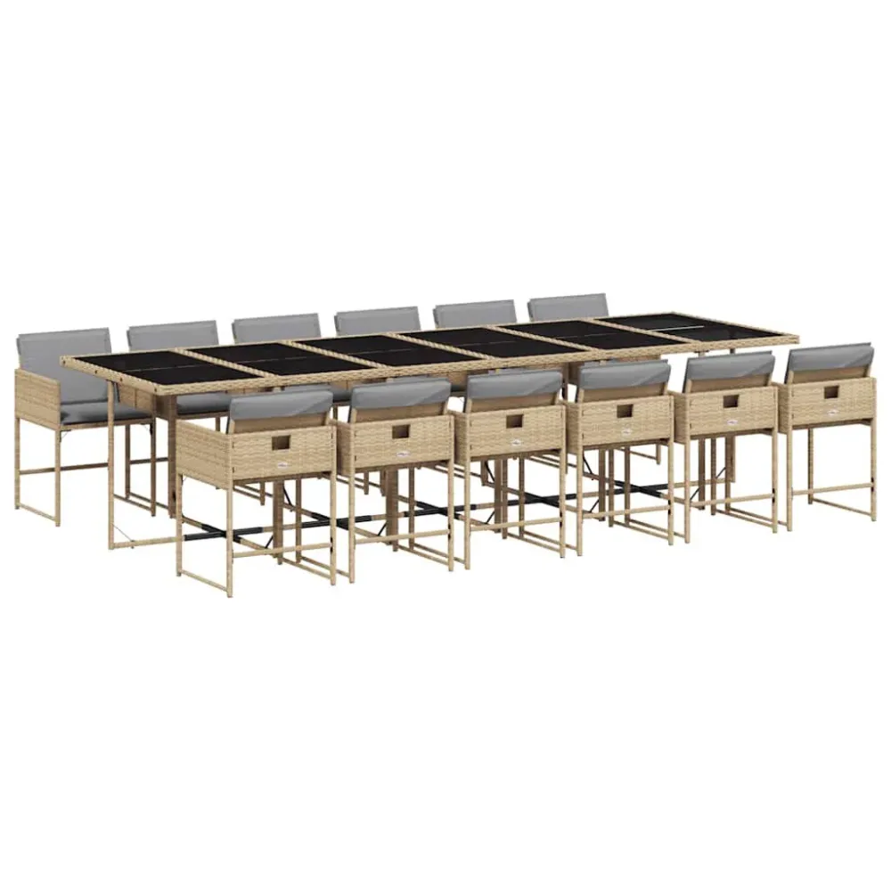 Conjunto Completo para 13 pcs conj. jantar jardim com almofadões vime PE bege misturado