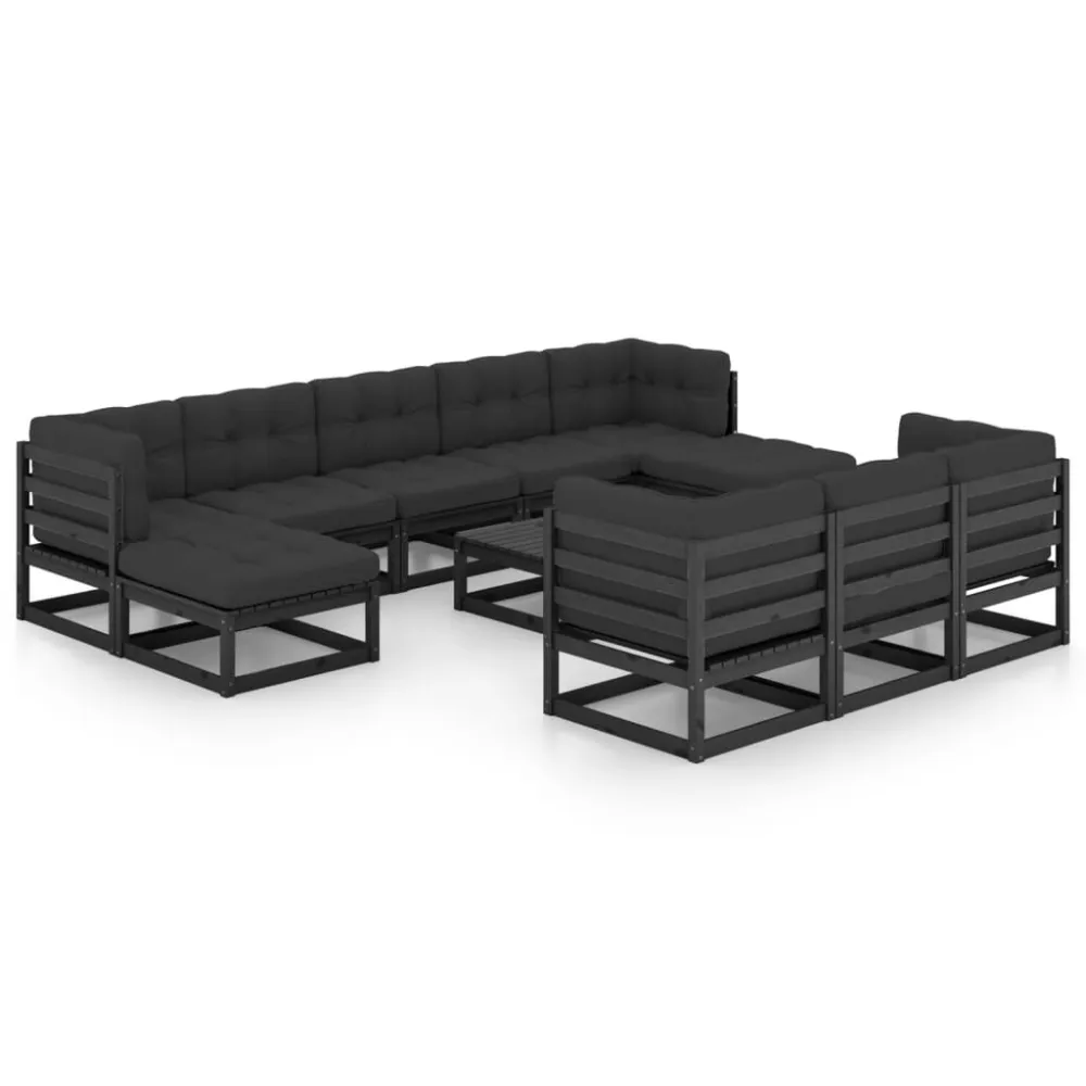 Conjunto Completo para 11 pcs conj. lounge de jardim com almofadões pinho maciço preto