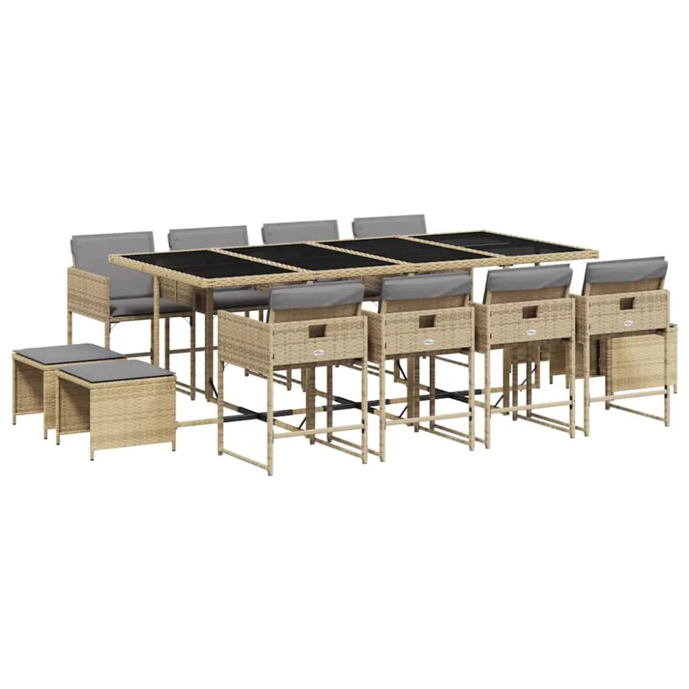 Conjunto de Exterior em 13 pcs conj. jantar jardim com almofadões vime PE bege misturado