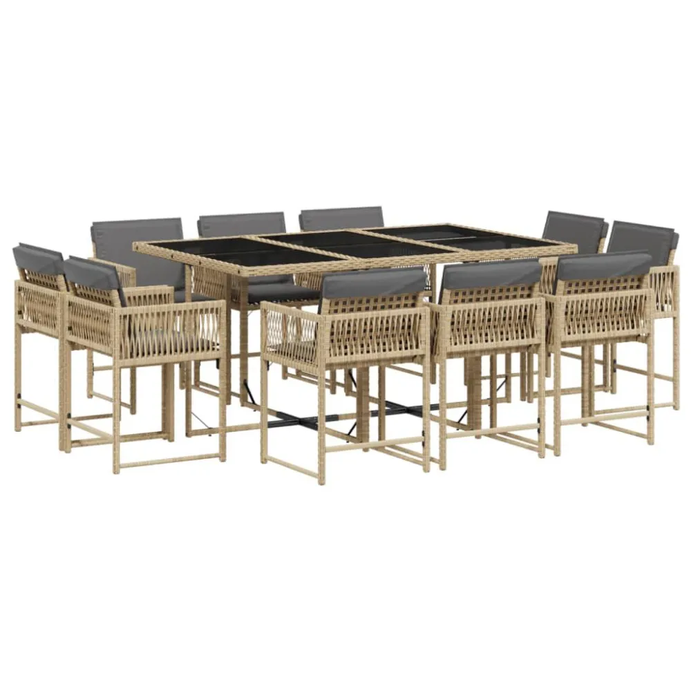 Conjunto de Exterior em 11 pcs conj. jantar jardim com almofadões vime PE bege misturado