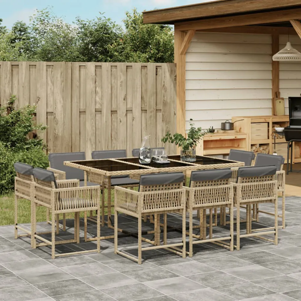 Conjunto de Exterior em 11 pcs conj. jantar jardim com almofadões vime PE bege misturado