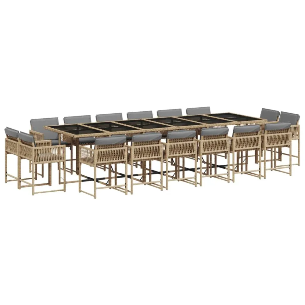 Conjunto de Exterior em 11 pcs conj. jantar jardim com almofadões vime PE bege misturado
