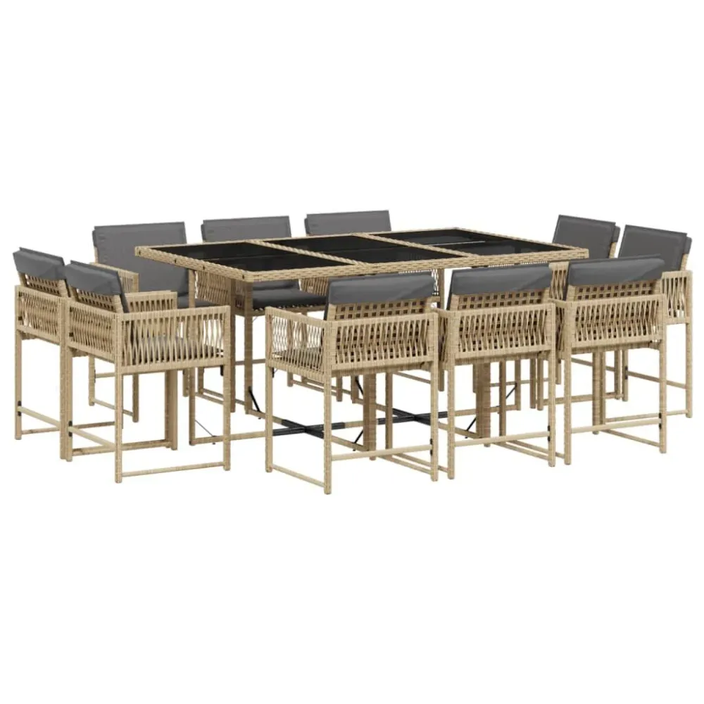 Conjunto de Exterior em 11 pcs conj. jantar jardim com almofadões vime PE bege misturado