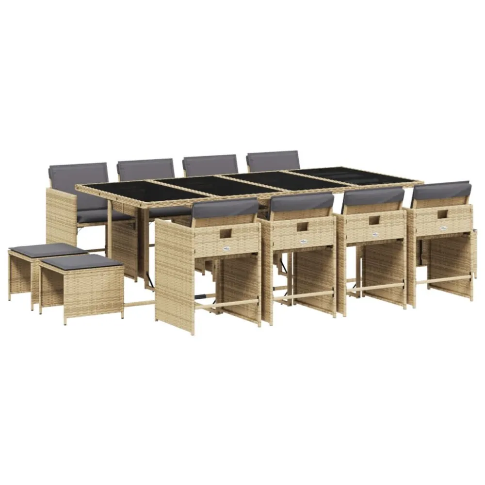 Conjunto de Jantar para 13 pcs conj. jantar jardim com almofadões vime PE bege misturado