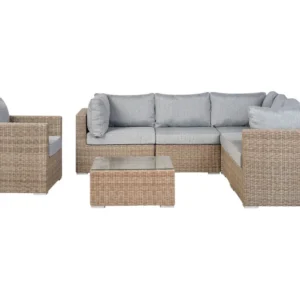 Conjunto lounge CONTARE Ratan sintético Castanho distinto Esquerdo com Guarda-sol Incluso