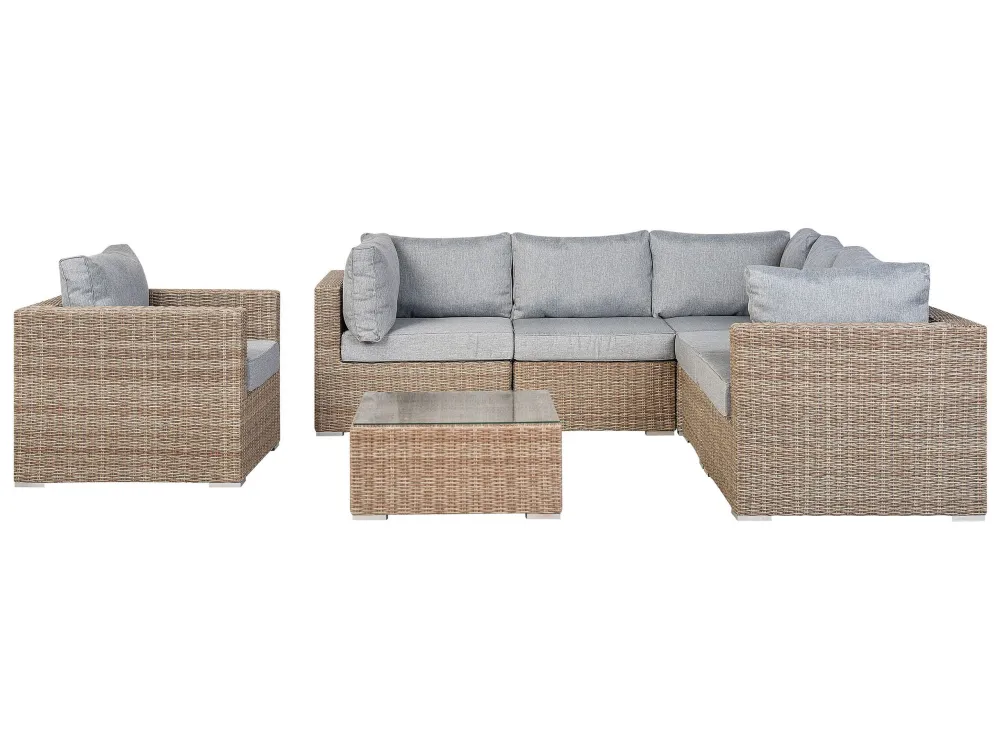 Conjunto lounge CONTARE Ratan sintético Castanho distinto Esquerdo com Guarda-sol Incluso