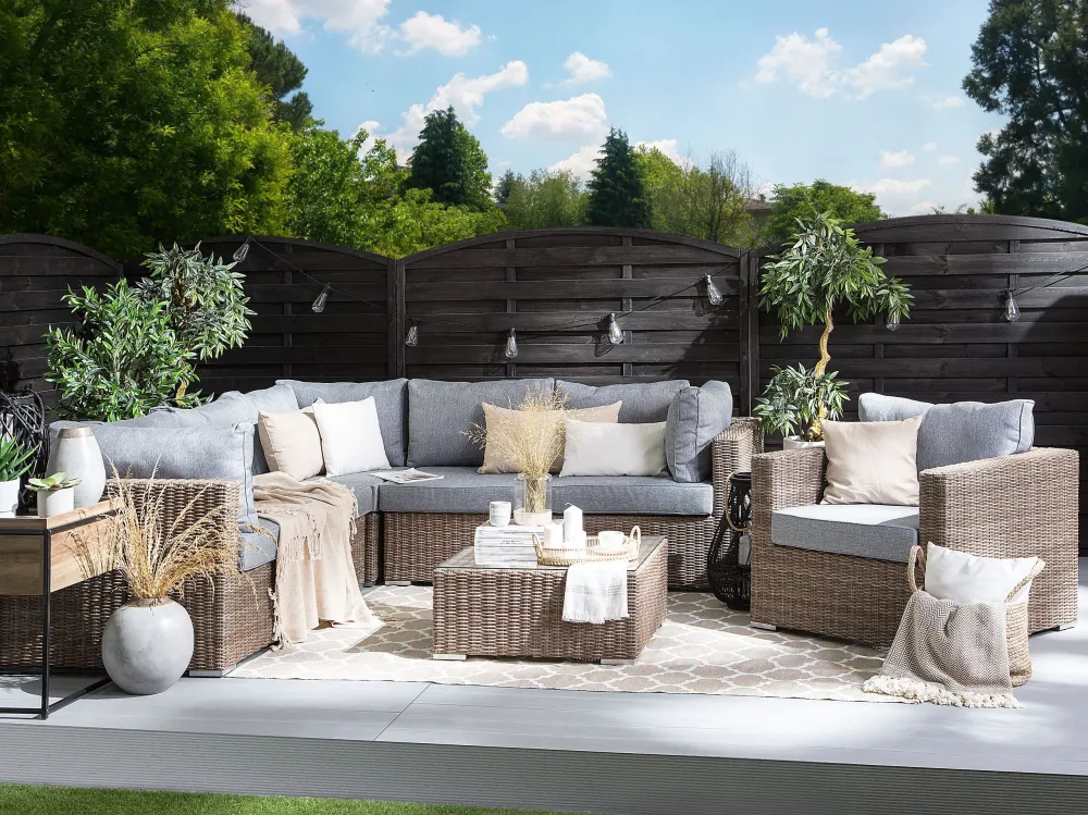Conjunto lounge CONTARE Ratan sintético Castanho distinto Esquerdo com Guarda-sol Incluso