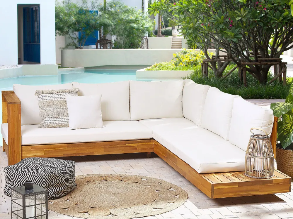 Conjunto lounge MARETTIMO Madeira de acácia Branco creme Direito em Tecido Outdoor