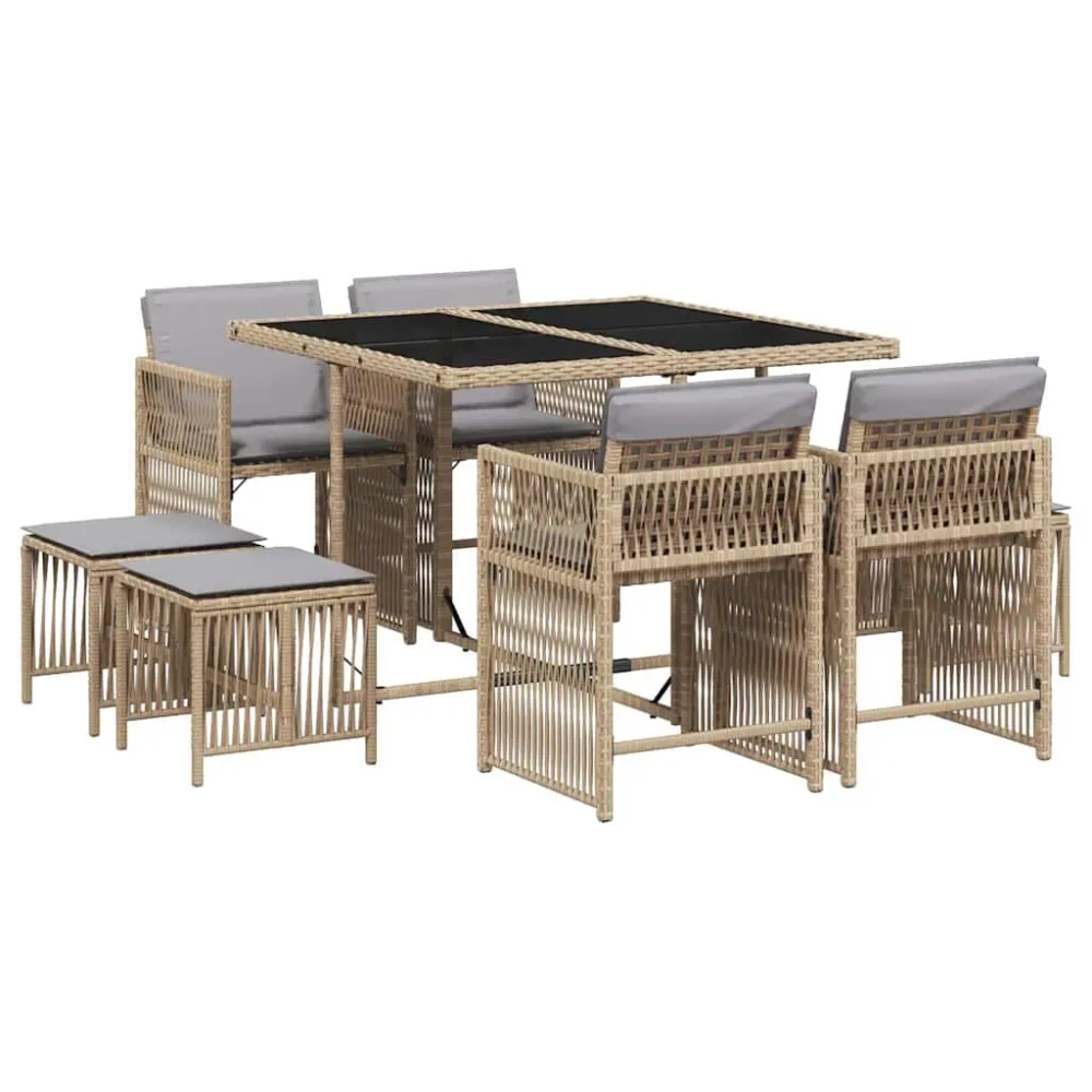 Conjunto de Madeira Maciç 9 pcs conj. jantar jardim com almofadões vime PE bege misturado