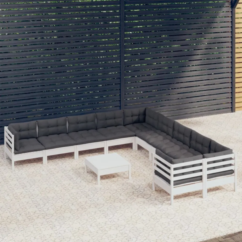 Conjunto de Madeira Maciç 11 pcs conjunto lounge de jardim com almofadões pinho branco