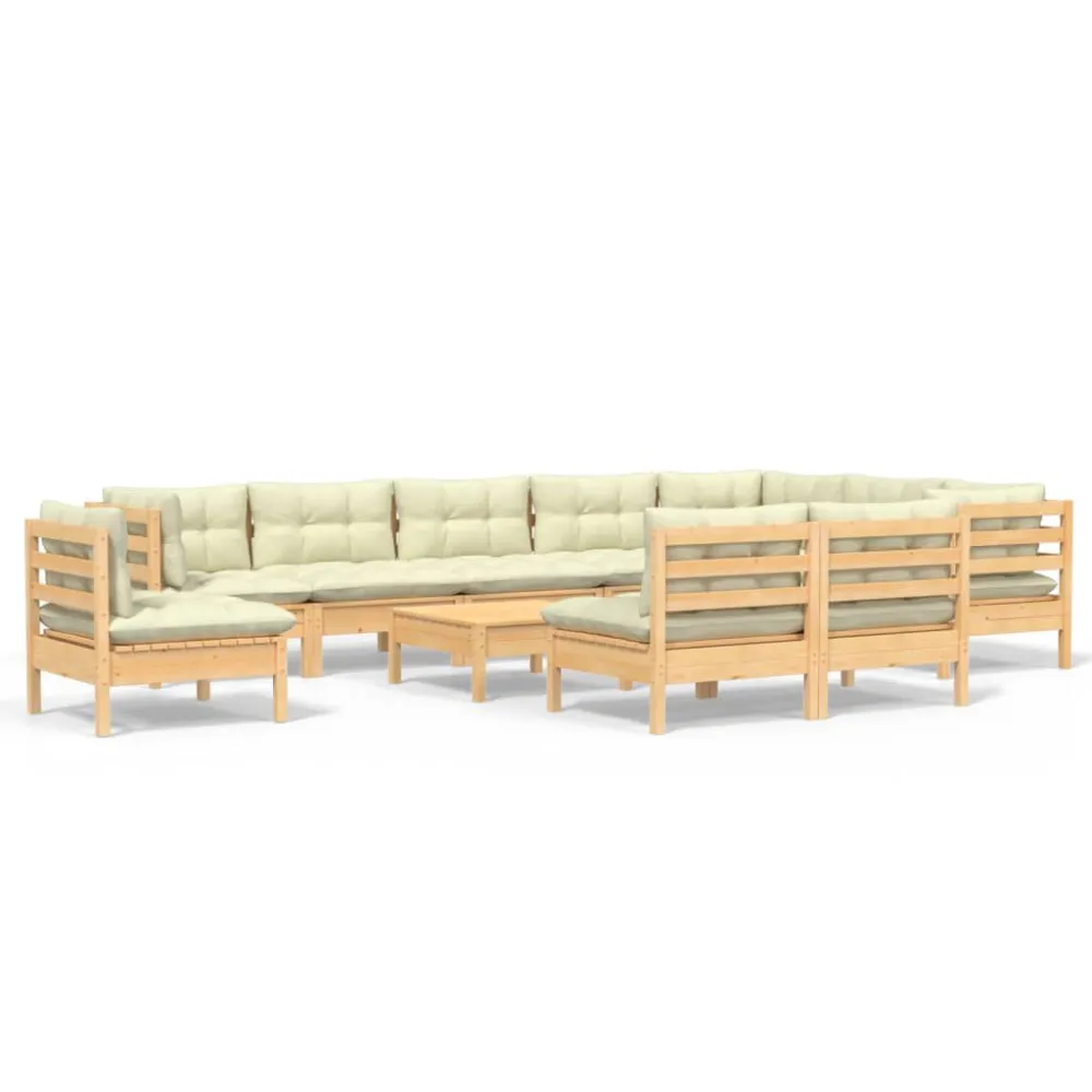 Conjunto de Madeira Maciç 11 pcs conjunto lounge jardim com almofadões creme pinho maciço