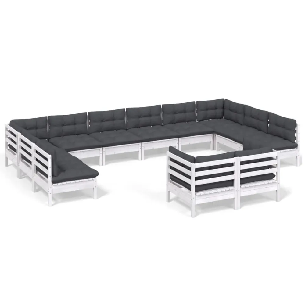 Conjunto Premium de 12 pcs conj. lounge de jardim com almofadões pinho maciço branco