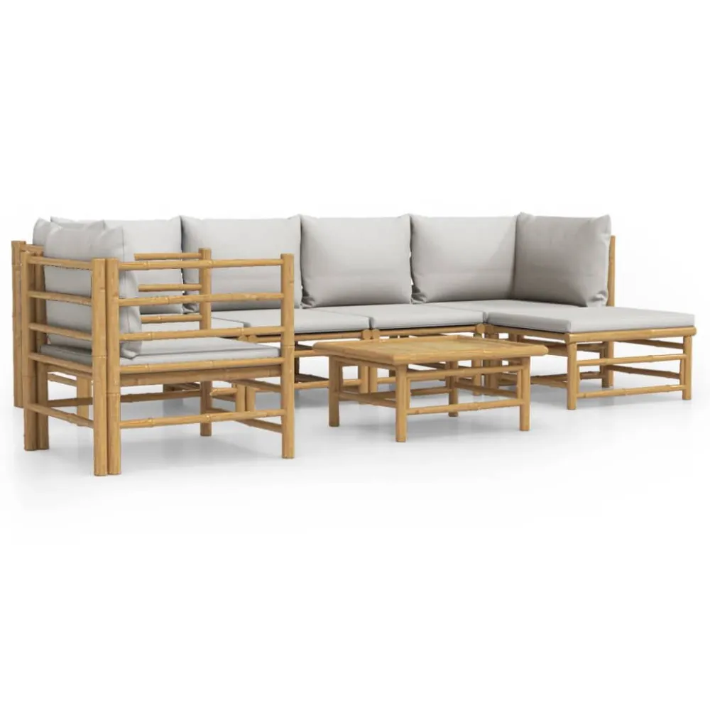 Conjunto de Rattan Sintético 7 pcs conj. lounge de jardim bambu com almofadões cinzento-claro