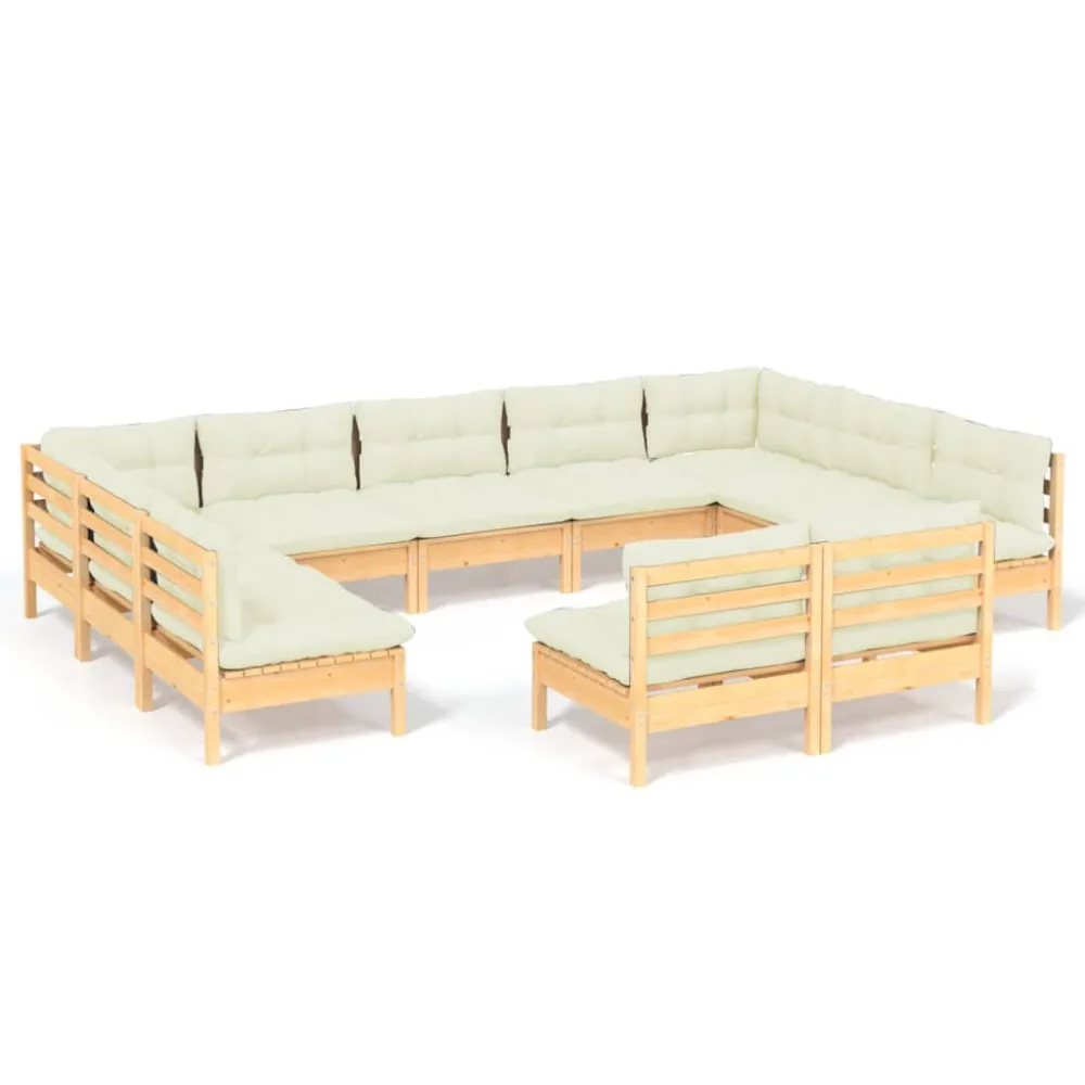 Conjunto de Relaxamento 11 pcs conjunto lounge jardim com almofadões creme pinho maciço