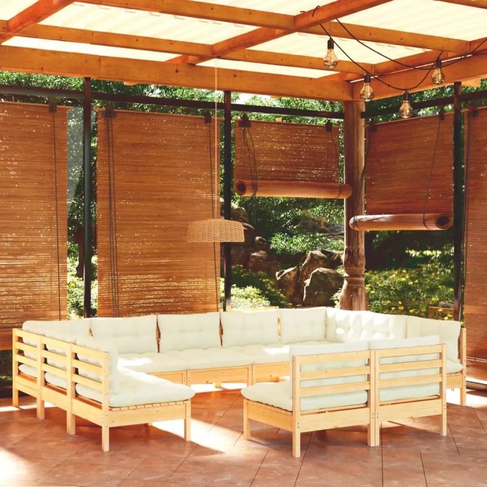 Conjunto de Relaxamento 11 pcs conjunto lounge jardim com almofadões creme pinho maciço
