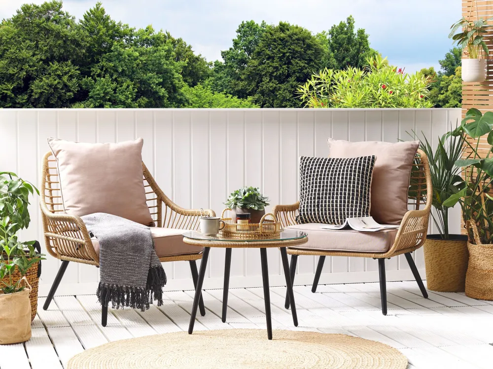 Design Ergonômico de Conjunto varanda com 2 lugares em rattan creme LAURETO